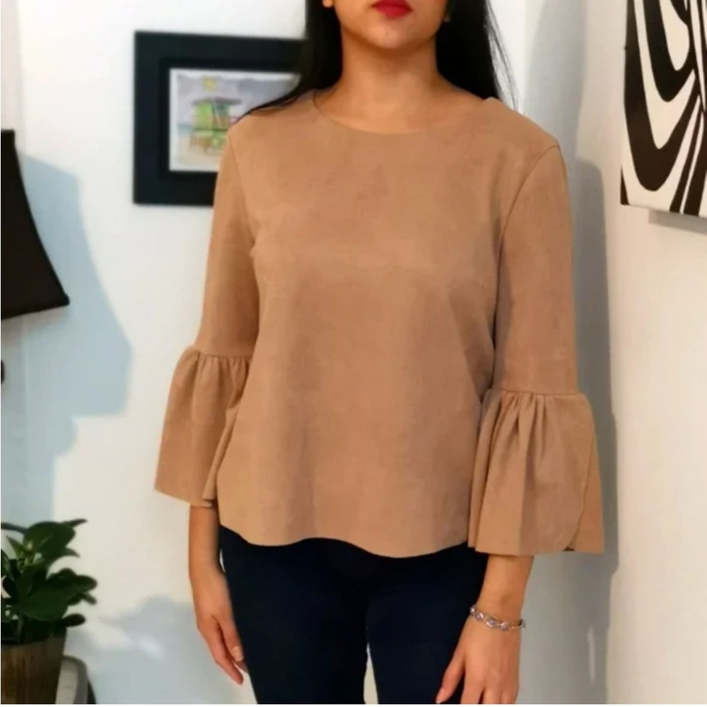 DO+BE Tan Bell Sleeve faux suede Blouse- worn a few times .